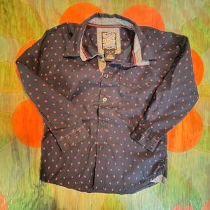 Boys Retro Stitch Blue Red Denim Button Up Down Dress Shirt size 7 Cotton Poly